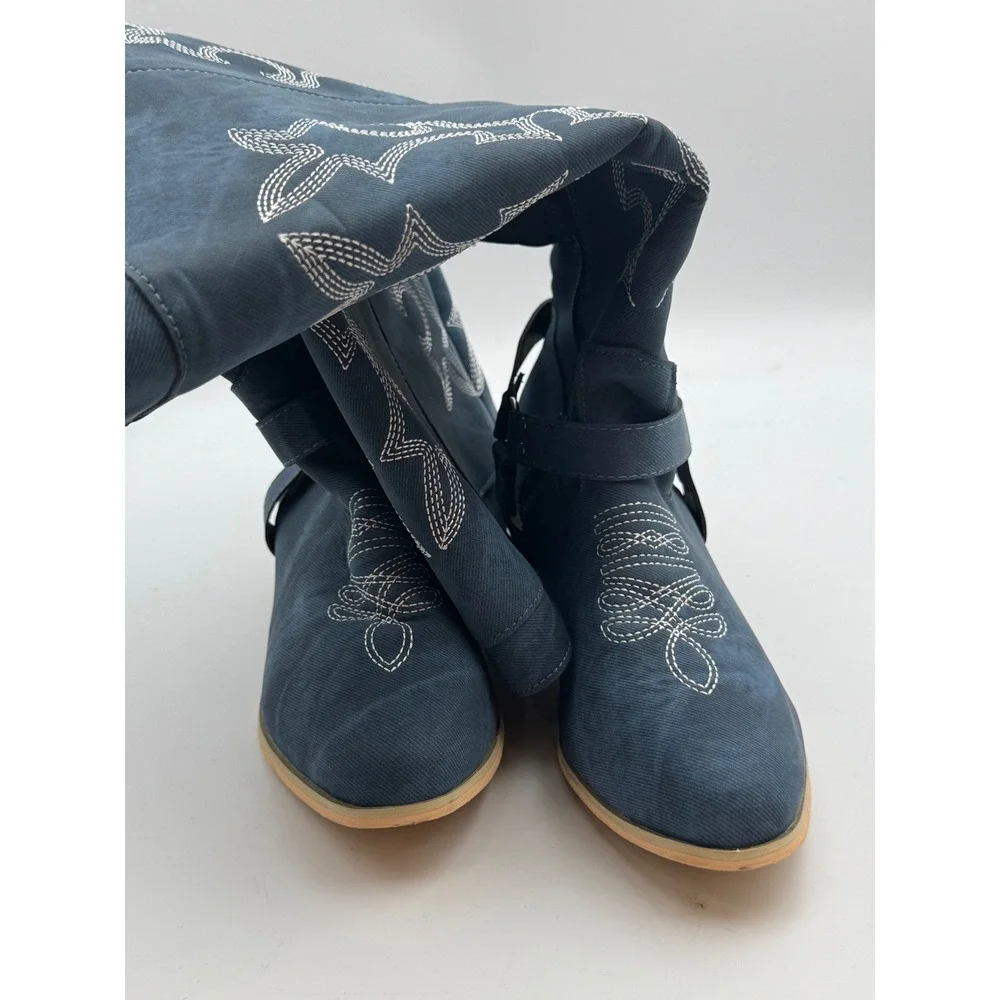 Blue Denim Embroidered Western Knee High Boots Harness Detail Tall Zip Up